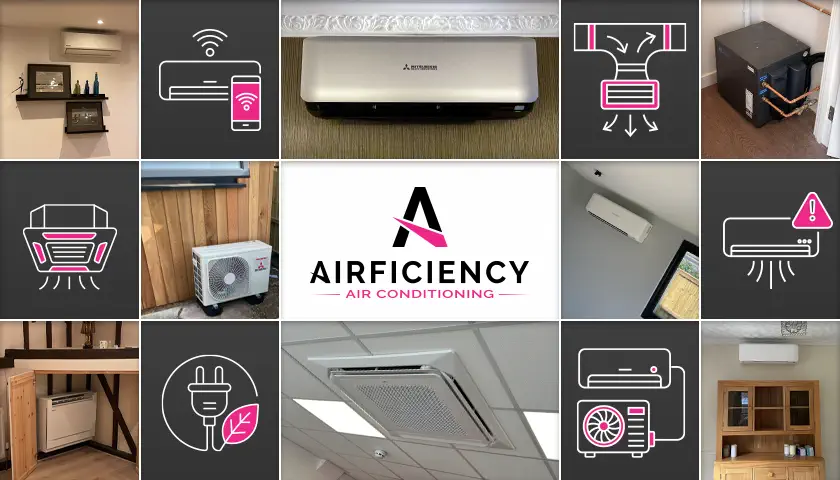 Airficiency services overview showing installation, maintenance and repair work across residential and commercial HVAC systems.
